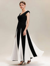 Load image into Gallery viewer, Color=Ivory-Black | Factory Design Short Sleeve V-Neck High Stretch A-Line Floor Length Wedding Guest Dresses-Ivory-Black 4