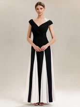 Load image into Gallery viewer, Color=Ivory-Black | Factory Design Short Sleeve V-Neck High Stretch A-Line Floor Length Wedding Guest Dresses-Ivory-Black 5