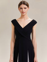 Load image into Gallery viewer, Color=Ivory-Black | Factory Design Short Sleeve V-Neck High Stretch A-Line Floor Length Wedding Guest Dresses-Ivory-Black 3