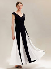 Load image into Gallery viewer, Color=Ivory-Black | Factory Design Short Sleeve V-Neck High Stretch A-Line Floor Length Wedding Guest Dresses-Ivory-Black 1