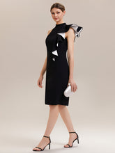Load image into Gallery viewer, Color=Ivory-Black | Wholesale Strapless Ruffled High Stretch Sheath Round Neck Knee Length Wedding Guest Dresses-Ivory-Black 5