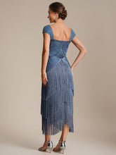 Load image into Gallery viewer, Color=Dusty Blue | Volume Discounts Strapless Sheath Midi Length Square Neck Beaded Wedding Guest Dress 2