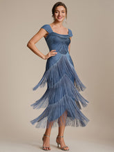 Load image into Gallery viewer, Color=Dusty Blue | Volume Discounts Strapless Sheath Midi Length Square Neck Beaded Wedding Guest Dress 3