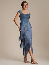 Load image into Gallery viewer, Color=Dusty Blue | Volume Discounts Strapless Sheath Midi Length Square Neck Beaded Wedding Guest Dress 4