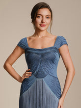 Load image into Gallery viewer, Color=Dusty Blue | Volume Discounts Strapless Sheath Midi Length Square Neck Beaded Wedding Guest Dress 5