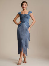 Load image into Gallery viewer, Color=Dusty Blue | Volume Discounts Strapless Sheath Midi Length Square Neck Beaded Wedding Guest Dress 1