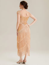 Load image into Gallery viewer, Color=Gold | Volume Discounts Strapless Sheath Midi Length Square Neck Beaded Wedding Guest Dress-Gold 2