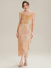 Load image into Gallery viewer, Color=Gold | Volume Discounts Strapless Sheath Midi Length Square Neck Beaded Wedding Guest Dress-Gold 4