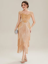 Load image into Gallery viewer, Color=Gold | Volume Discounts Strapless Sheath Midi Length Square Neck Beaded Wedding Guest Dress-Gold 5