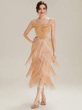Load image into Gallery viewer, Color=Gold | Volume Discounts Strapless Sheath Midi Length Square Neck Beaded Wedding Guest Dress-Gold 1