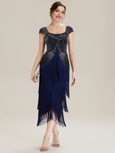 Load image into Gallery viewer, Color=Navy Blue | Volume Discounts Strapless Sheath Midi Length Square Neck Beaded Wedding Guest Dress-Navy Blue 10