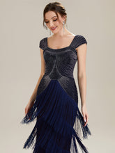Load image into Gallery viewer, Color=Navy Blue | Volume Discounts Strapless Sheath Midi Length Square Neck Beaded Wedding Guest Dress-Navy Blue 8