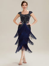 Load image into Gallery viewer, Color=Navy Blue | Volume Discounts Strapless Sheath Midi Length Square Neck Beaded Wedding Guest Dress-Navy Blue 6