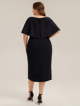 Load image into Gallery viewer, Color=Black | B2B-Exclusive Half Sleeve Shawl Sheath High Stretch Round Neck Knee Length Wedding Guest Dresses-Black 7