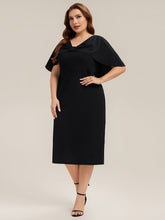 Load image into Gallery viewer, Color=Black | B2B-Exclusive Half Sleeve Shawl Sheath High Stretch Round Neck Knee Length Wedding Guest Dresses-Black 9