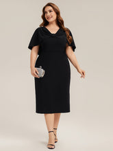 Load image into Gallery viewer, Color=Black | B2B-Exclusive Half Sleeve Shawl Sheath High Stretch Round Neck Knee Length Wedding Guest Dresses-Black 10