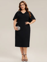 Load image into Gallery viewer, Color=Black | B2B-Exclusive Half Sleeve Shawl Sheath High Stretch Round Neck Knee Length Wedding Guest Dresses-Black 6