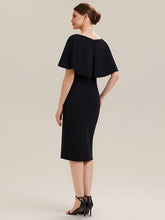 Load image into Gallery viewer, Color=Black | B2B-Exclusive Half Sleeve Shawl Sheath High Stretch Round Neck Knee Length Wedding Guest Dresses-Black 2
