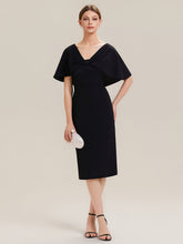 Load image into Gallery viewer, Color=Black | B2B-Exclusive Half Sleeve Shawl Sheath High Stretch Round Neck Knee Length Wedding Guest Dresses-Black 5
