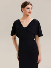 Load image into Gallery viewer, Color=Black | B2B-Exclusive Half Sleeve Shawl Sheath High Stretch Round Neck Knee Length Wedding Guest Dresses-Black 3