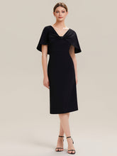Load image into Gallery viewer, Color=Black | B2B-Exclusive Half Sleeve Shawl Sheath High Stretch Round Neck Knee Length Wedding Guest Dresses-Black 1