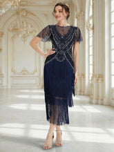 Load image into Gallery viewer, Factory Design Short Sleeve Ruffle Sequin Round Neck Tiered Midi Wedding Guest Dresses