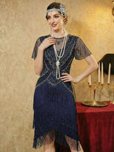 Load image into Gallery viewer, Color=Navy Blue | Factory Design Short Sleeve Ruffle Sequin Round Neck Tiered Midi Wedding Guest Dresses 9