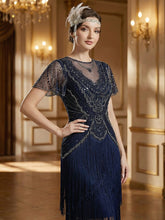 Load image into Gallery viewer, Color=Navy Blue | Factory Design Short Sleeve Ruffle Sequin Round Neck Tiered Midi Wedding Guest Dresses 12