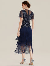 Load image into Gallery viewer, Color=Navy Blue | Factory Design Short Sleeve Ruffle Sequin Round Neck Tiered Midi Wedding Guest Dresses-Navy Blue 2