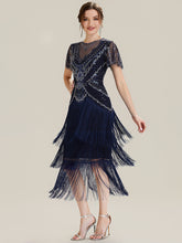 Load image into Gallery viewer, Color=Navy Blue | Factory Design Short Sleeve Ruffle Sequin Round Neck Tiered Midi Wedding Guest Dresses-Navy Blue 4