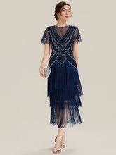 Load image into Gallery viewer, Color=Navy Blue | Factory Design Short Sleeve Ruffle Sequin Round Neck Tiered Midi Wedding Guest Dresses-Navy Blue 5