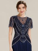 Load image into Gallery viewer, Color=Navy Blue | Factory Design Short Sleeve Ruffle Sequin Round Neck Tiered Midi Wedding Guest Dresses-Navy Blue 3