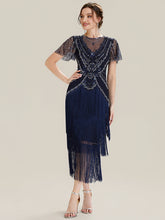 Load image into Gallery viewer, Color=Navy Blue | Factory Design Short Sleeve Ruffle Sequin Round Neck Tiered Midi Wedding Guest Dresses-Navy Blue 1