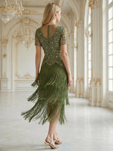 Load image into Gallery viewer, Factory Design Short Sleeve Ruffle Sequin Round Neck Tiered Midi Wedding Guest Dresses