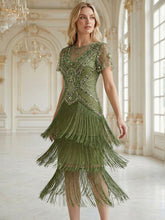 Load image into Gallery viewer, Factory Design Short Sleeve Ruffle Sequin Round Neck Tiered Midi Wedding Guest Dresses