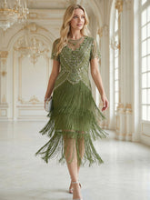 Load image into Gallery viewer, Factory Design Short Sleeve Ruffle Sequin Round Neck Tiered Midi Wedding Guest Dresses
