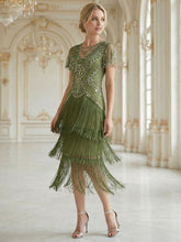 Load image into Gallery viewer, Factory Design Short Sleeve Ruffle Sequin Round Neck Tiered Midi Wedding Guest Dresses