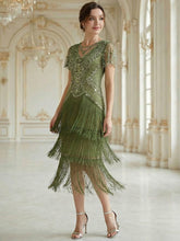 Load image into Gallery viewer, Factory Design Short Sleeve Ruffle Sequin Round Neck Tiered Midi Wedding Guest Dresses