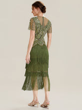 Load image into Gallery viewer, Color=Olive Green | Factory Design Short Sleeve Ruffle Sequin Round Neck Tiered Midi Wedding Guest Dresses-Olive Green 7