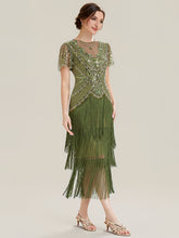 Load image into Gallery viewer, Color=Olive Green | Factory Design Short Sleeve Ruffle Sequin Round Neck Tiered Midi Wedding Guest Dresses-Olive Green 9