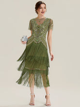 Load image into Gallery viewer, Color=Olive Green | Factory Design Short Sleeve Ruffle Sequin Round Neck Tiered Midi Wedding Guest Dresses-Olive Green 10
