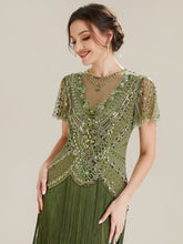 Load image into Gallery viewer, Color=Olive Green | Factory Design Short Sleeve Ruffle Sequin Round Neck Tiered Midi Wedding Guest Dresses-Olive Green 8