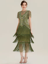 Load image into Gallery viewer, Color=Olive Green | Factory Design Short Sleeve Ruffle Sequin Round Neck Tiered Midi Wedding Guest Dresses-Olive Green 6