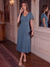 Load image into Gallery viewer, Dark Navy | One Stop Shop Short Sleeve Ruffle V-Neck A-Line Midi Non-Stretch Wedding Guest Dresses-Dark Navy