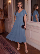 Load image into Gallery viewer, Dark Navy | One Stop Shop Short Sleeve Ruffle V-Neck A-Line Midi Non-Stretch Wedding Guest Dresses-Dark Navy