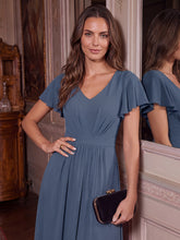 Load image into Gallery viewer, Dark Navy | One Stop Shop Short Sleeve Ruffle V-Neck A-Line Midi Non-Stretch Wedding Guest Dresses-Dark Navy