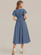 Load image into Gallery viewer, Dark Navy | One Stop Shop Short Sleeve Ruffle V-Neck A-Line Midi Non-Stretch Wedding Guest Dresses-Dark Navy