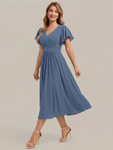 Load image into Gallery viewer, Dark Navy | One Stop Shop Short Sleeve Ruffle V-Neck A-Line Midi Non-Stretch Wedding Guest Dresses-Dark Navy