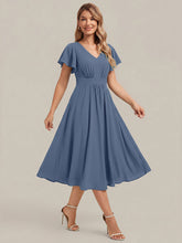 Load image into Gallery viewer, Dark Navy | One Stop Shop Short Sleeve Ruffle V-Neck A-Line Midi Non-Stretch Wedding Guest Dresses-Dark Navy