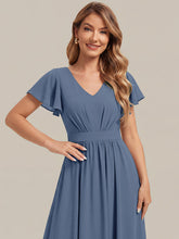 Load image into Gallery viewer, Dark Navy | One Stop Shop Short Sleeve Ruffle V-Neck A-Line Midi Non-Stretch Wedding Guest Dresses-Dark Navy